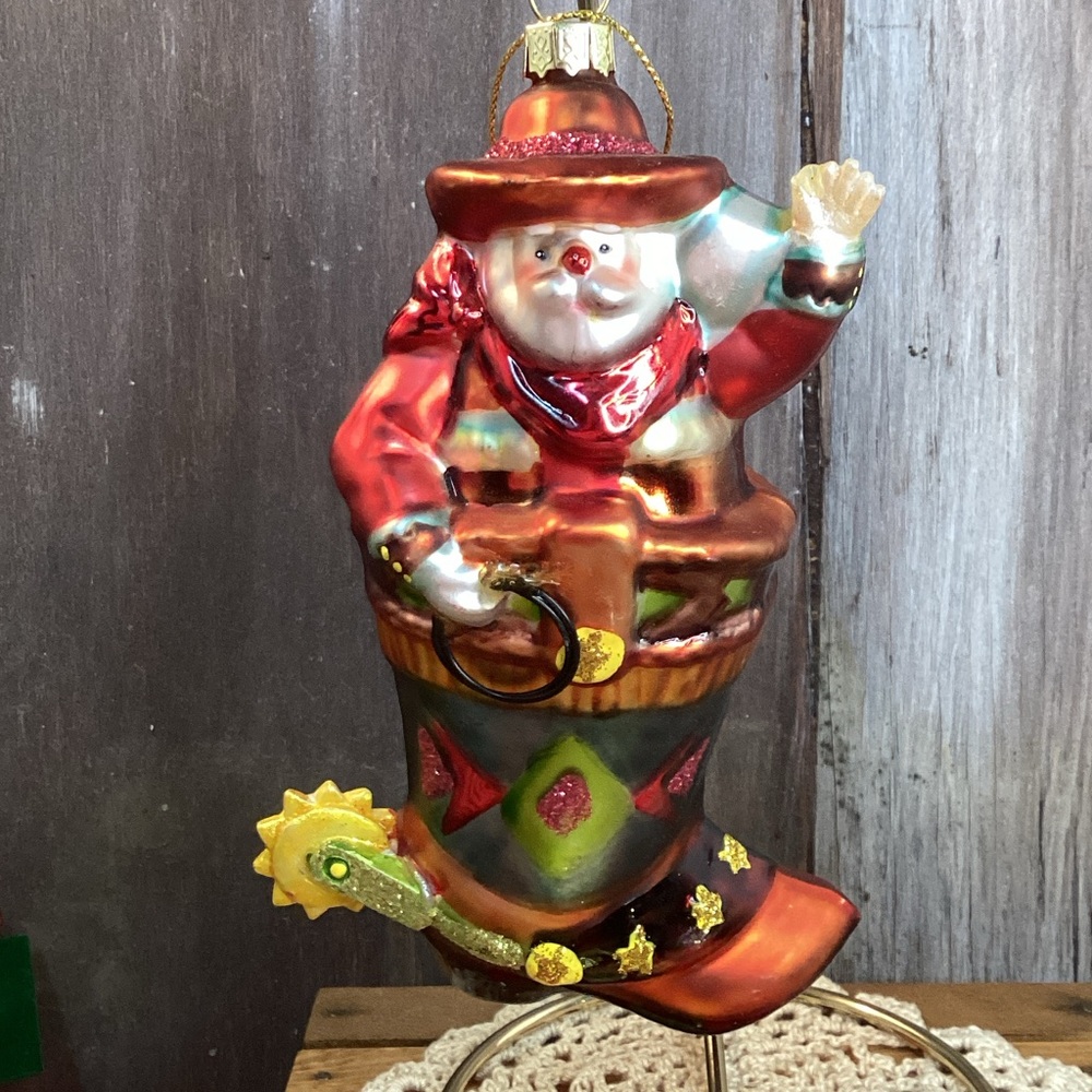 Western Christmas Ornament Santa Claus in Cowboy Boot Blown Glass 5.5" Tall